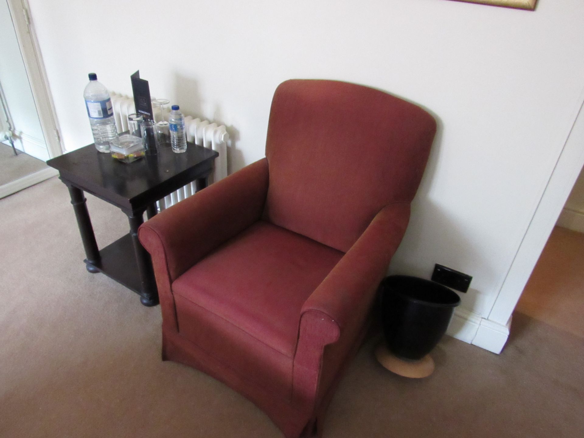 Contents to room 314 including bed base, desk, chair, arm chair, 3 small tables, art work, curtains, - Image 2 of 6