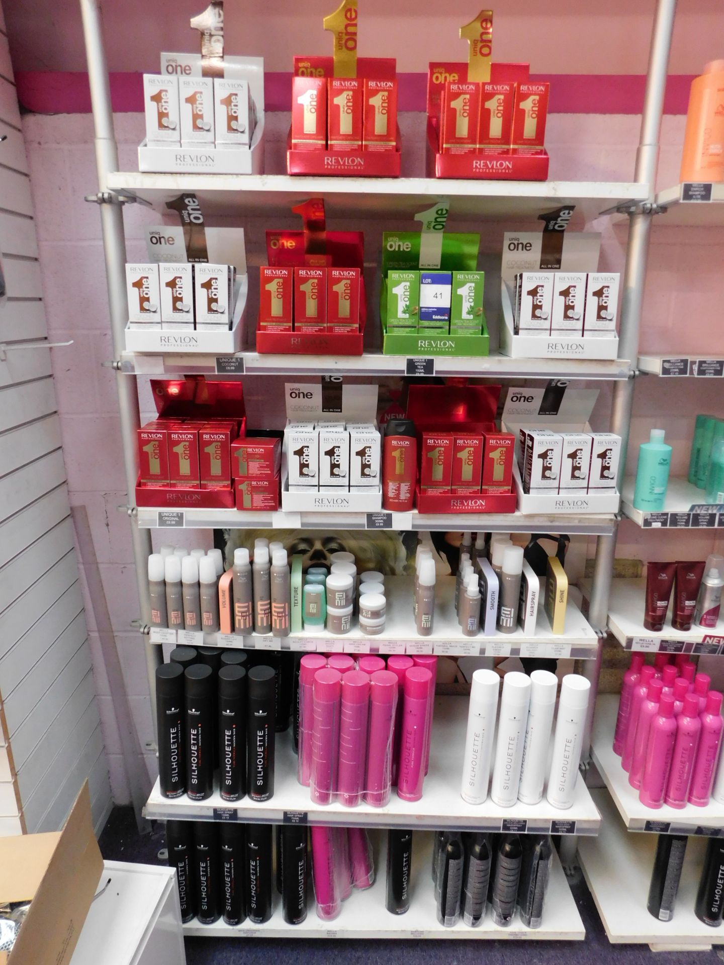 Contents to 1 bay of shop display shelving, to include assortment of Revlon treatment products,