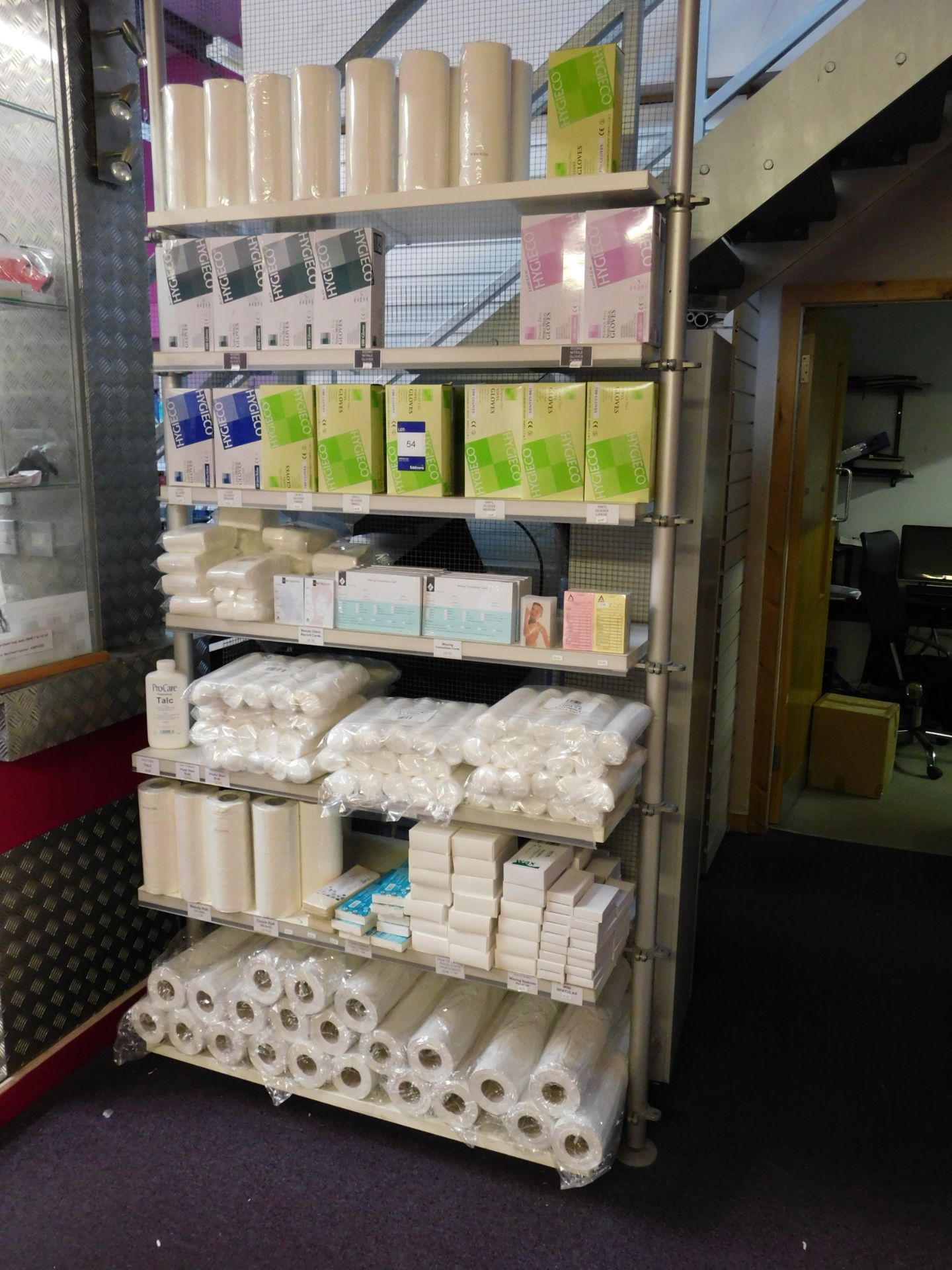 Rack and contents, including cotton pads, hygiene gloves