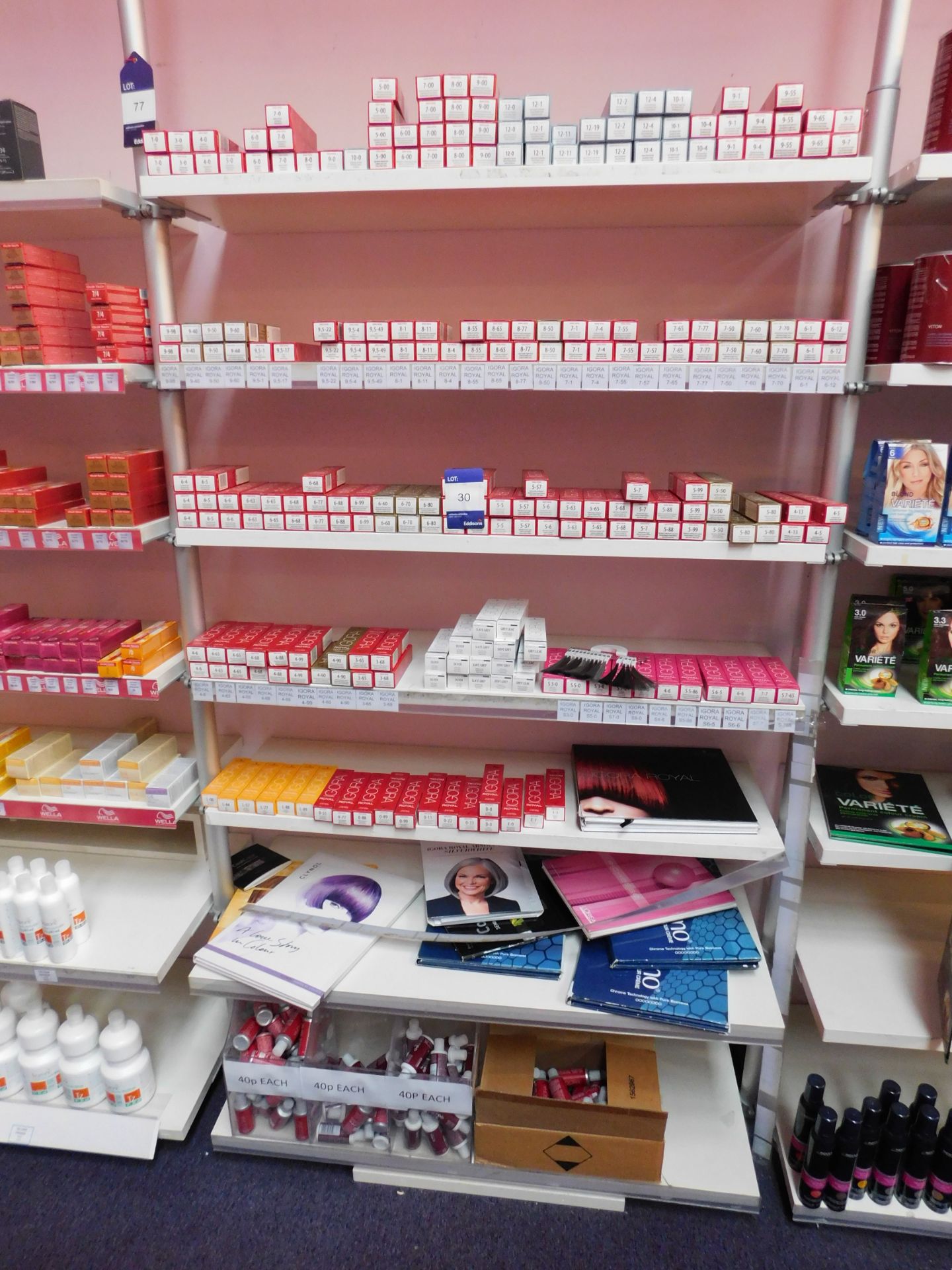 Contents to 1 bay of shop display shelving, to include an assortment of hair colour products