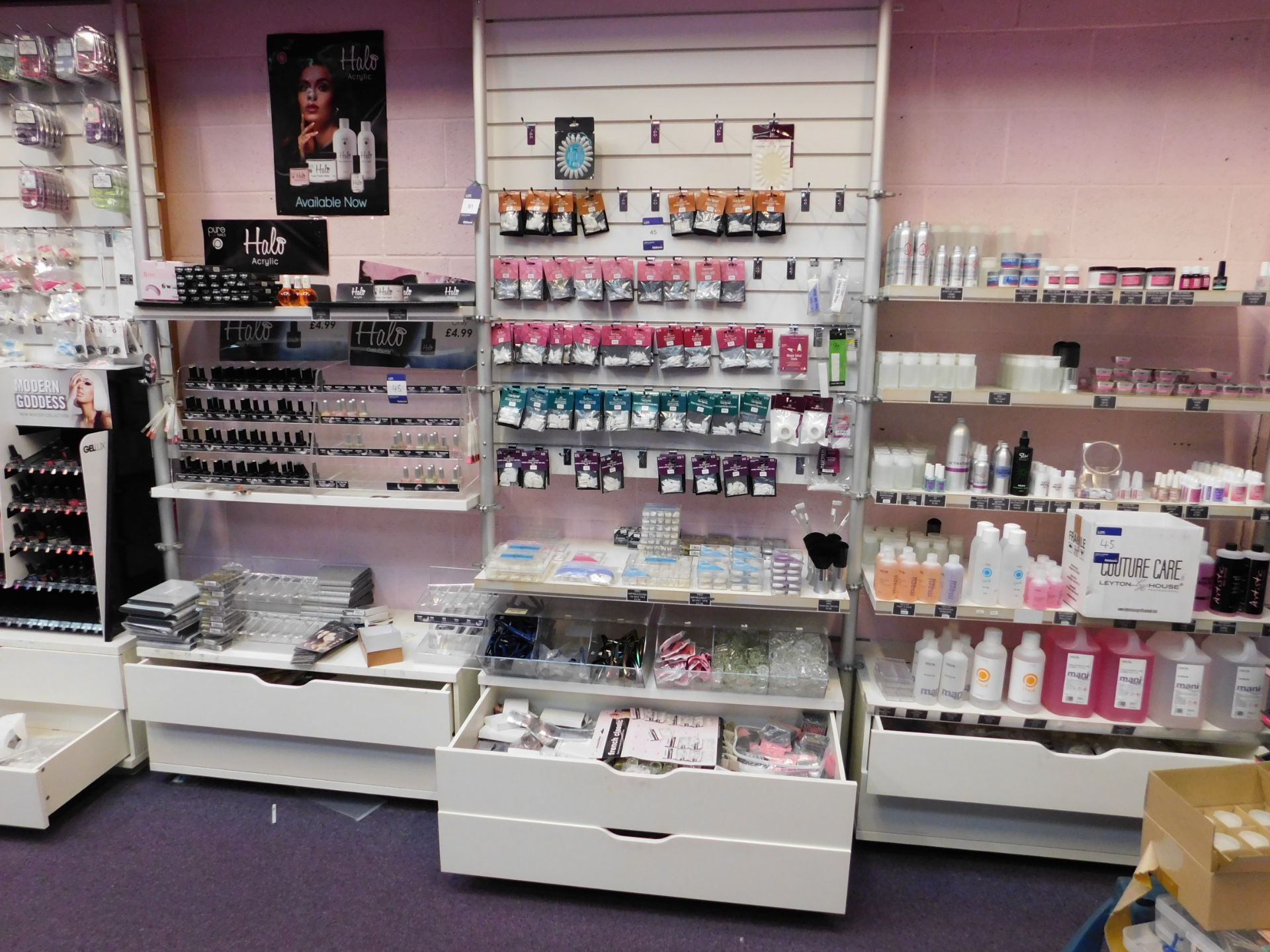 Contents to 3 x bays of shelving, to include assortment of nail treatment products