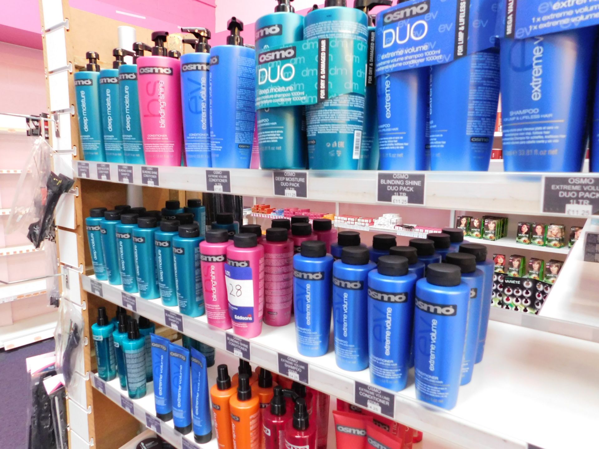 2 x Bays of shop display shelving and contents, including assortment of Osmo shampoos and - Image 3 of 3