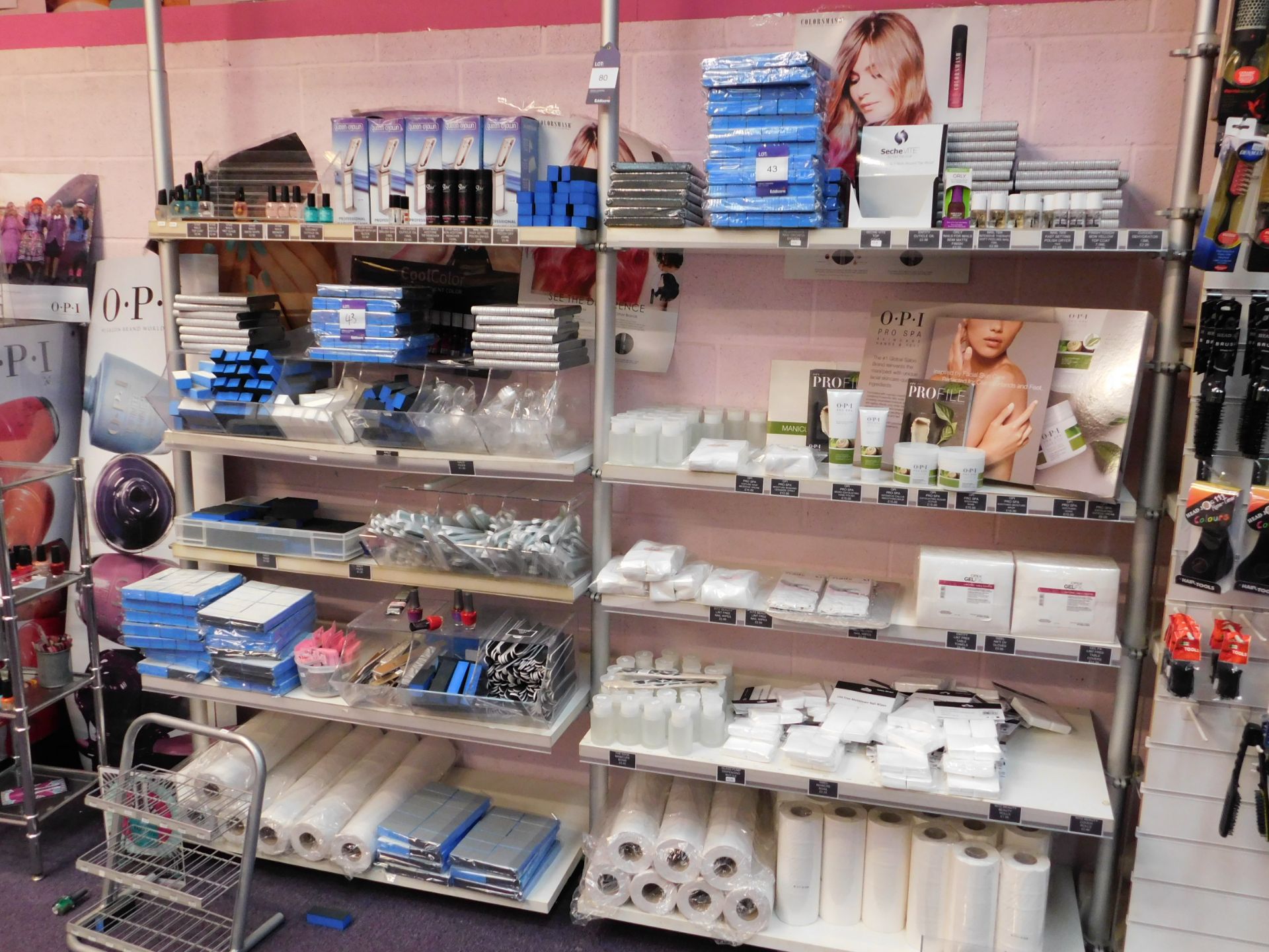 Contents to 2 bays of shop display shelving, to include assortment of nail treatment products (