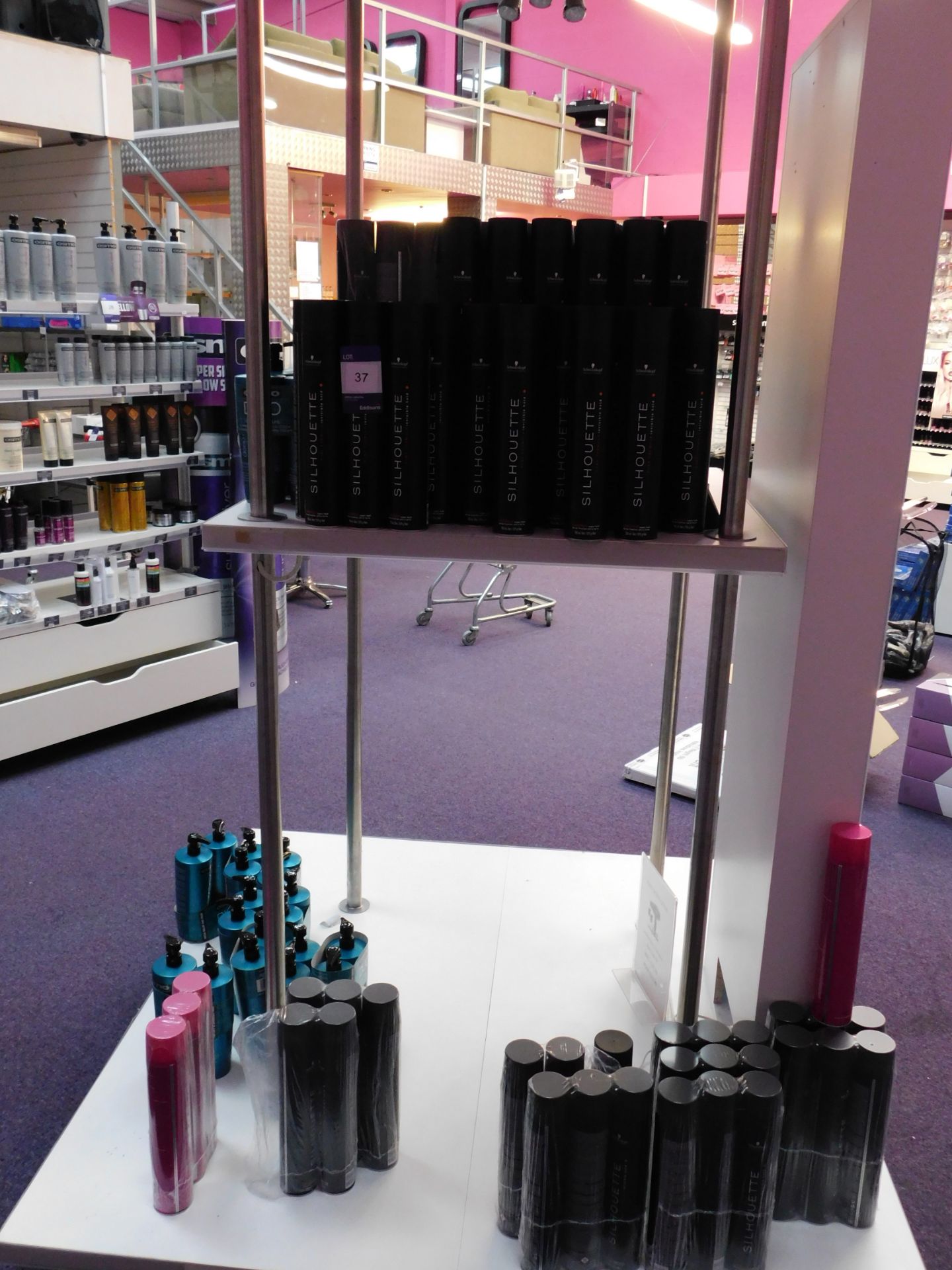 Contents to display stand, including shampoos, Schwarzkopf hair spray, Instant heat rollers