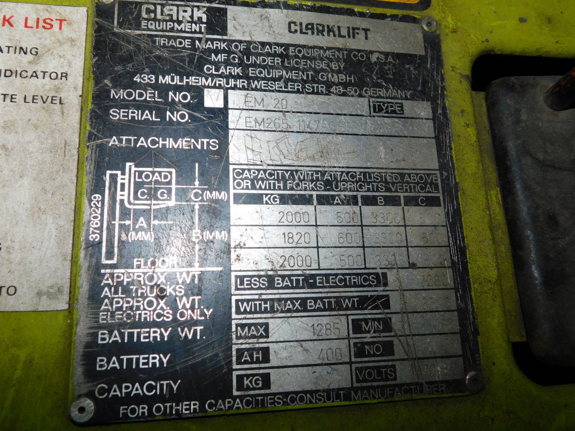 Clark EM20 Electric Forklift Serial Number EM265-1147-GEF-5285 (1435 Hours) **please note delayed - Image 5 of 5