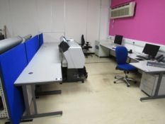 6 Various Desks and 2 Chairs & 4 Privacy Screens