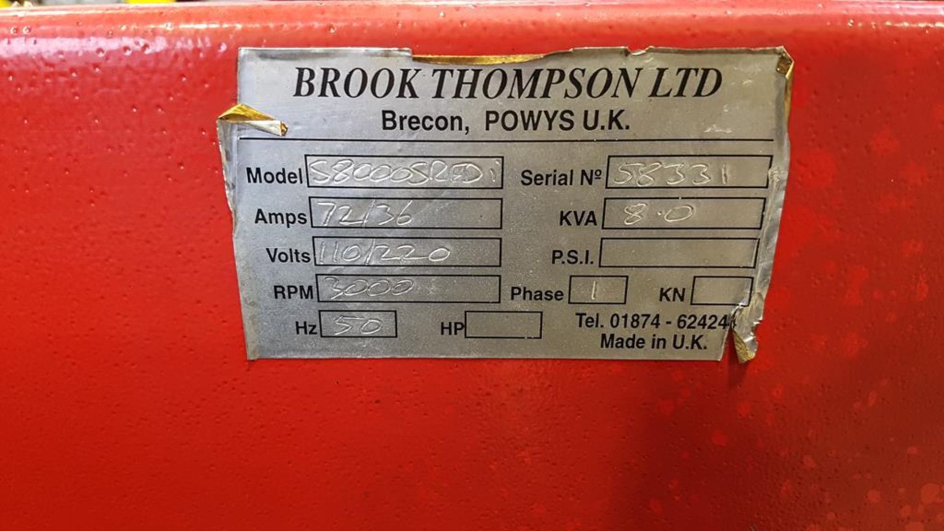 Brook Thompson 8KVA Portable Diesel Generator - Image 5 of 6