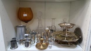 Two Shelves containing Metal & Glassware