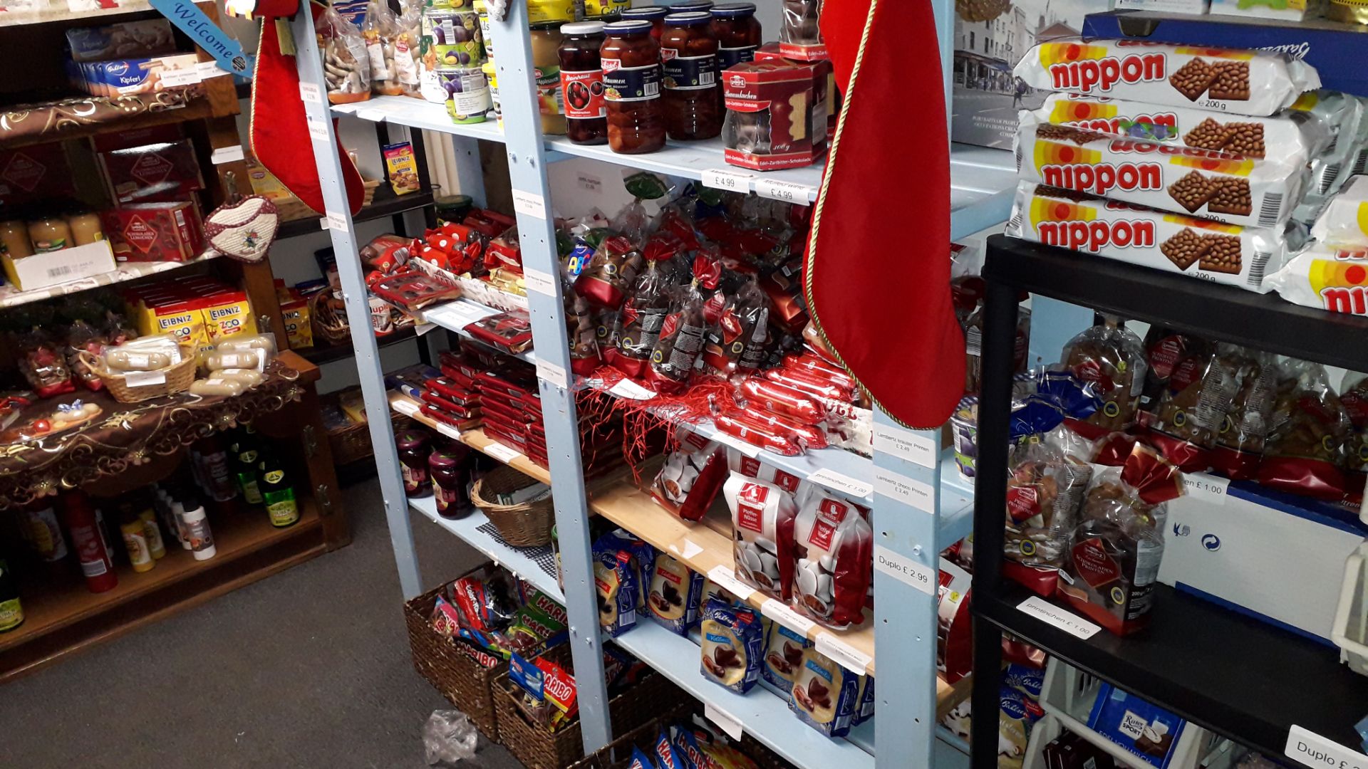 Racking and Contents to Shop Store to include Various German Cakes, Biscuits, Crisps, Pickles,