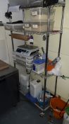 1 x Bay of Mobile Chrome Shelving and Contents to include Digital Scales and Various Ingredients