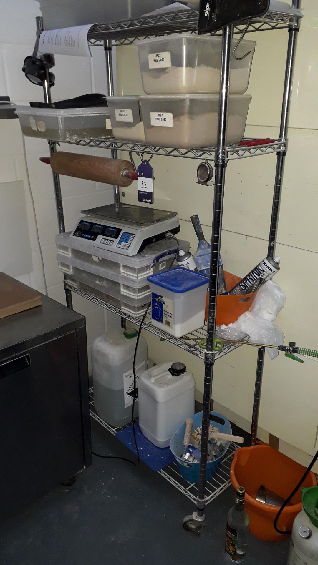 1 x Bay of Mobile Chrome Shelving and Contents to include Digital Scales and Various Ingredients