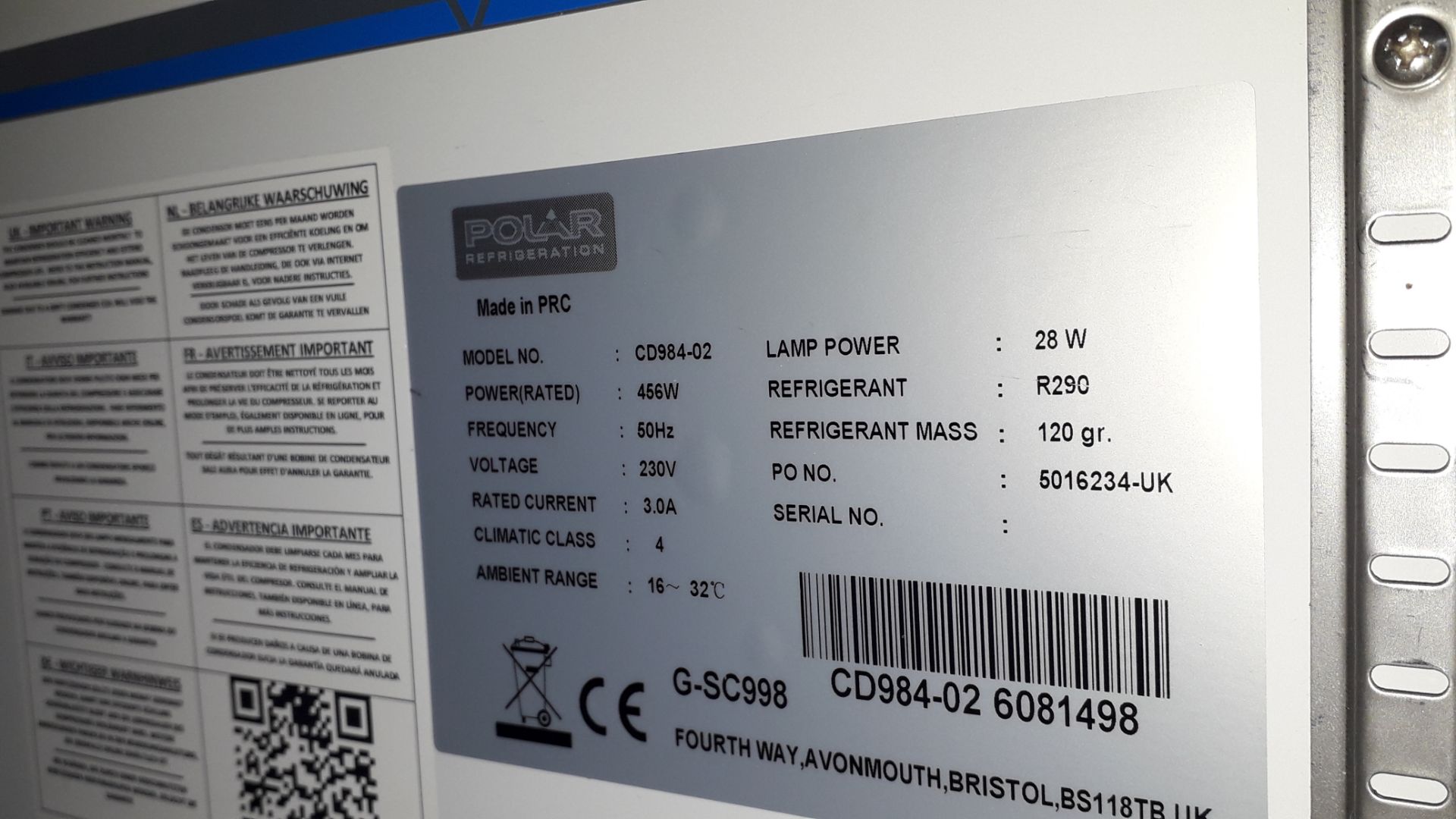 Polar CD984-02 944Ltr Upright Double Door Display Fridge, Serial Number CD984-02 6081498, 240v ( - Image 3 of 3