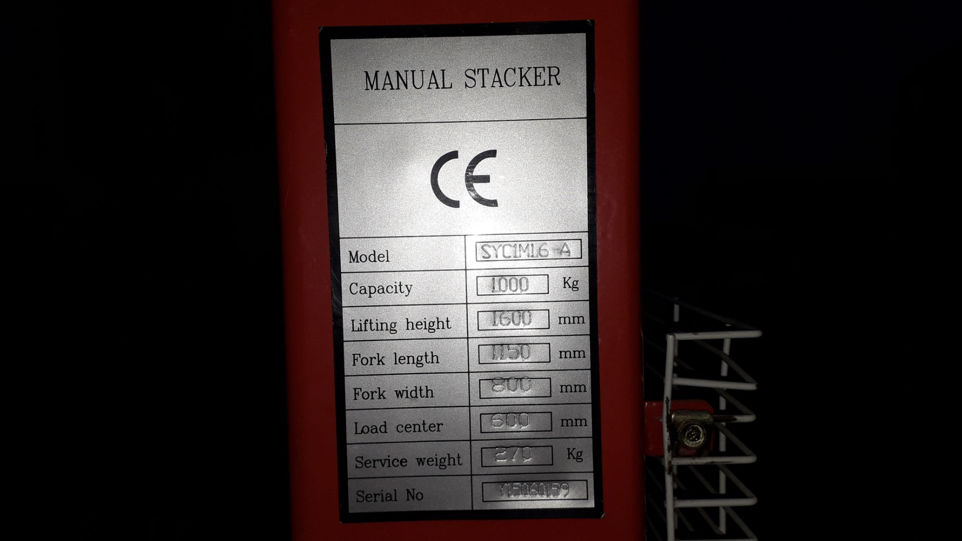 Hand Operated Manual Stacker SYC1M16-A 1600mm Lifting Height, Serial Number Y15060159 - Image 4 of 4