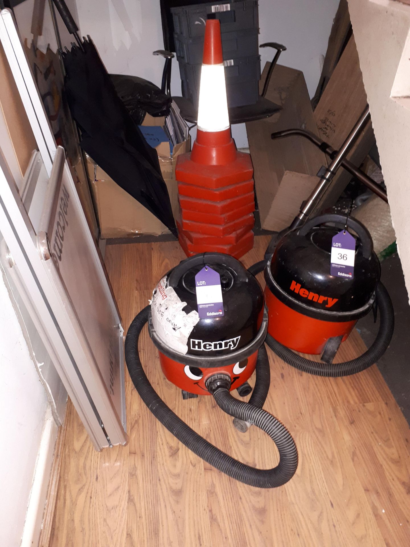 Two Numatic Henry Vacuum Cleaners, Eight Road Cones & Aluminium Sandwich Board