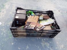 Various Gardening Equipment to Plastic Crate to include Gloves, Twines, Hand Soap etc.