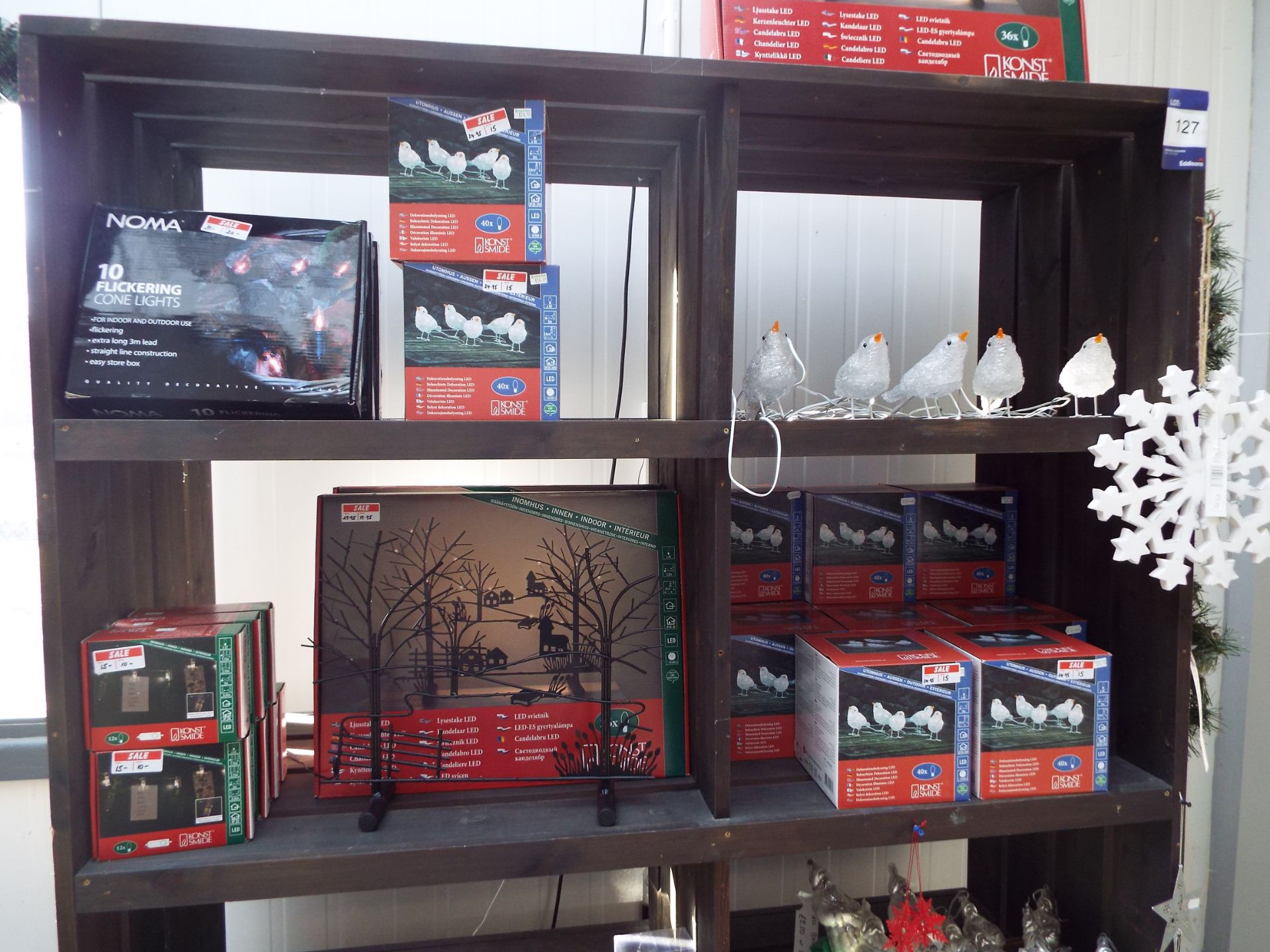 Quantity of Christmas Decorations to Wooden Pigeon Holed Shelving to include Christmas Lights,