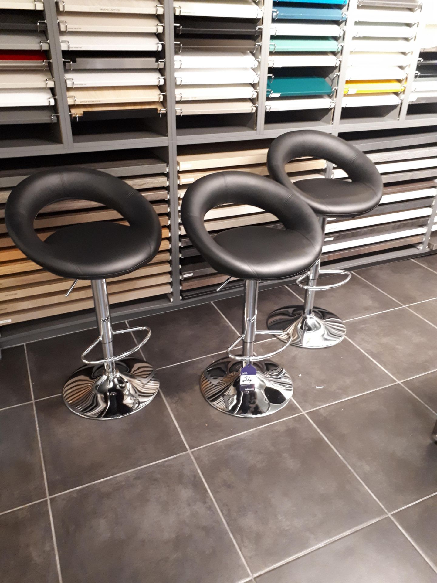 Three Chrome Bar Stools, Black Vinyl Upholstery