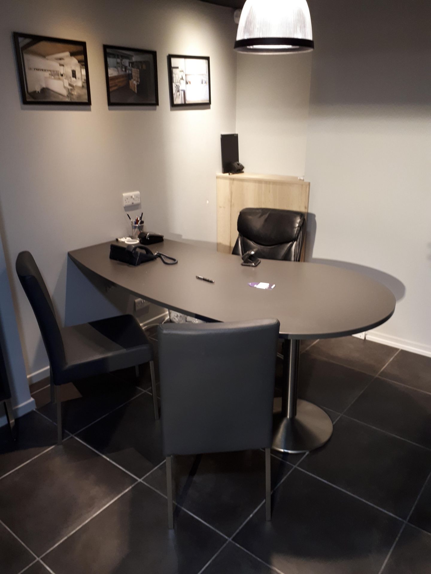 Grey Laminate Kidney Shape Desk, Matching Storage Unit, Multi Swivel Executive Chair & 2 Side