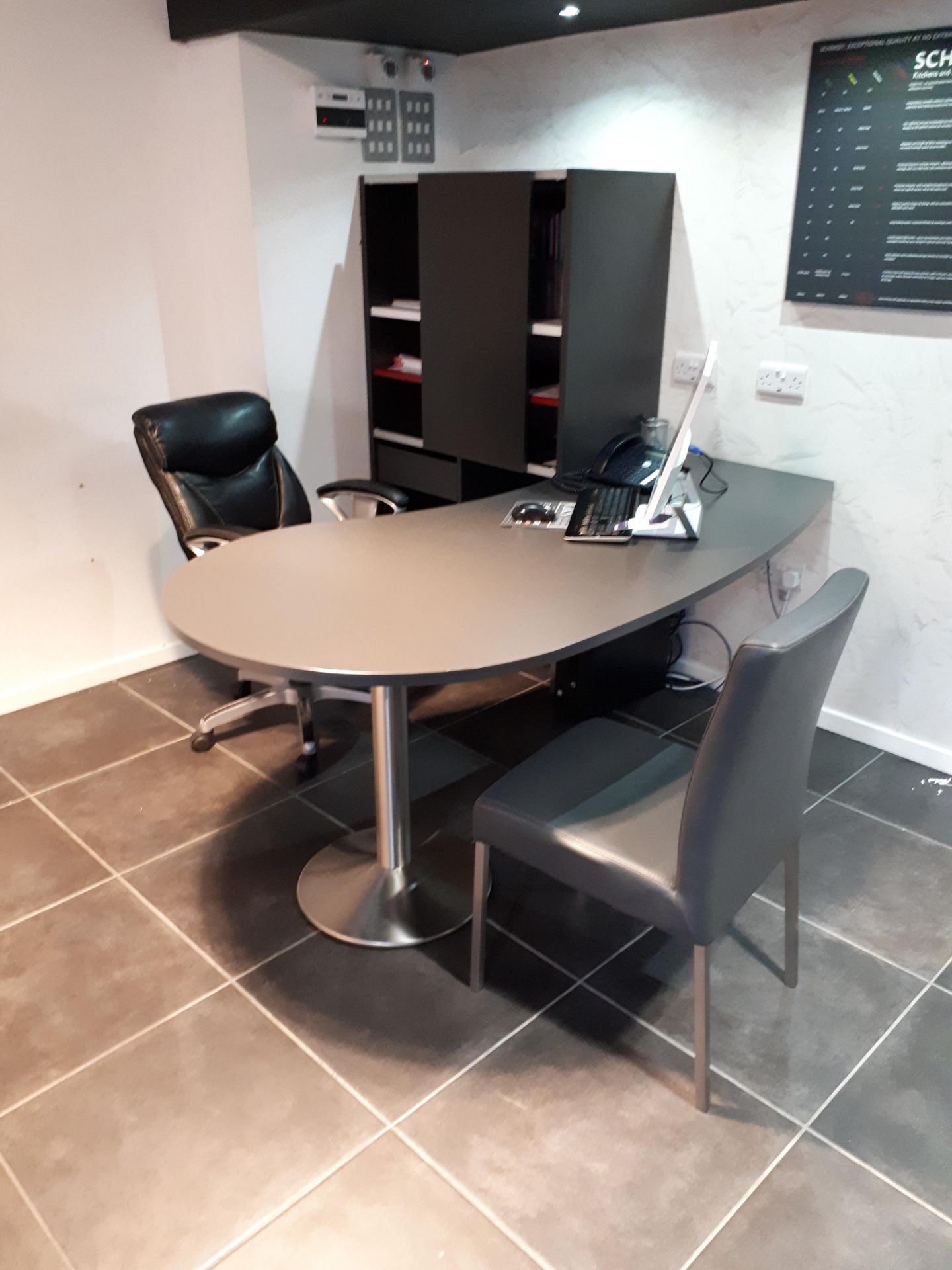 Grey Laminate Kidney Shape Desk, Matching Storage Unit, Multi Swivel Executive Chair & Side Chair