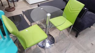 Glass & Chrome round table with two green leather effect chairs and two blue wood effect chairs