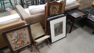 Miscellaneous items including gout stool, fire screens, butlers tray, 4X Thomas Appleton prints