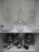 Two shelves of collectables to include Hand Cut Lead Crystal Fruit Bowl, Lead Crystal Fruit Bowl, Le