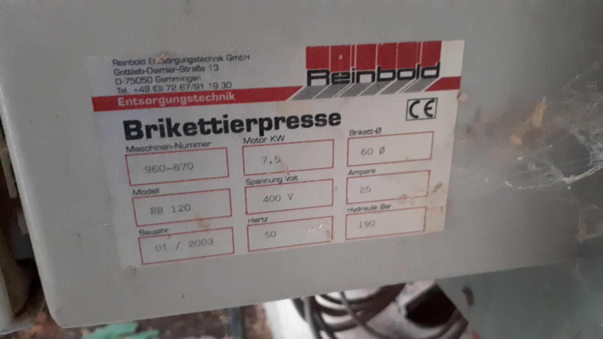 Reinbold RB120 briquette press, serial number 960-670 (2003) (Purchaser to disconnect at nearest - Image 4 of 4