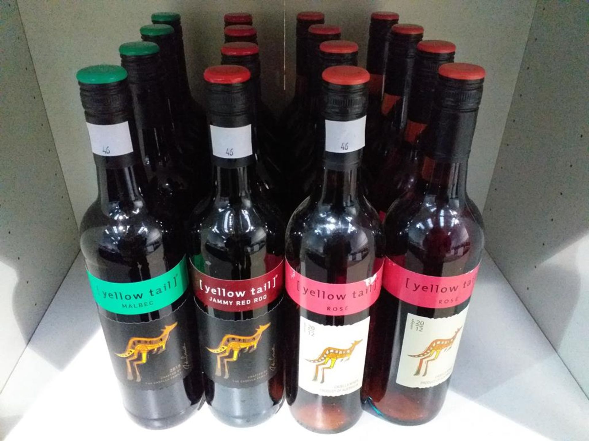 Sixteen bottles of Yellow Tail Wine: Eight bottles of 2012 Rose wine, four bottles of Jammy Red Roo