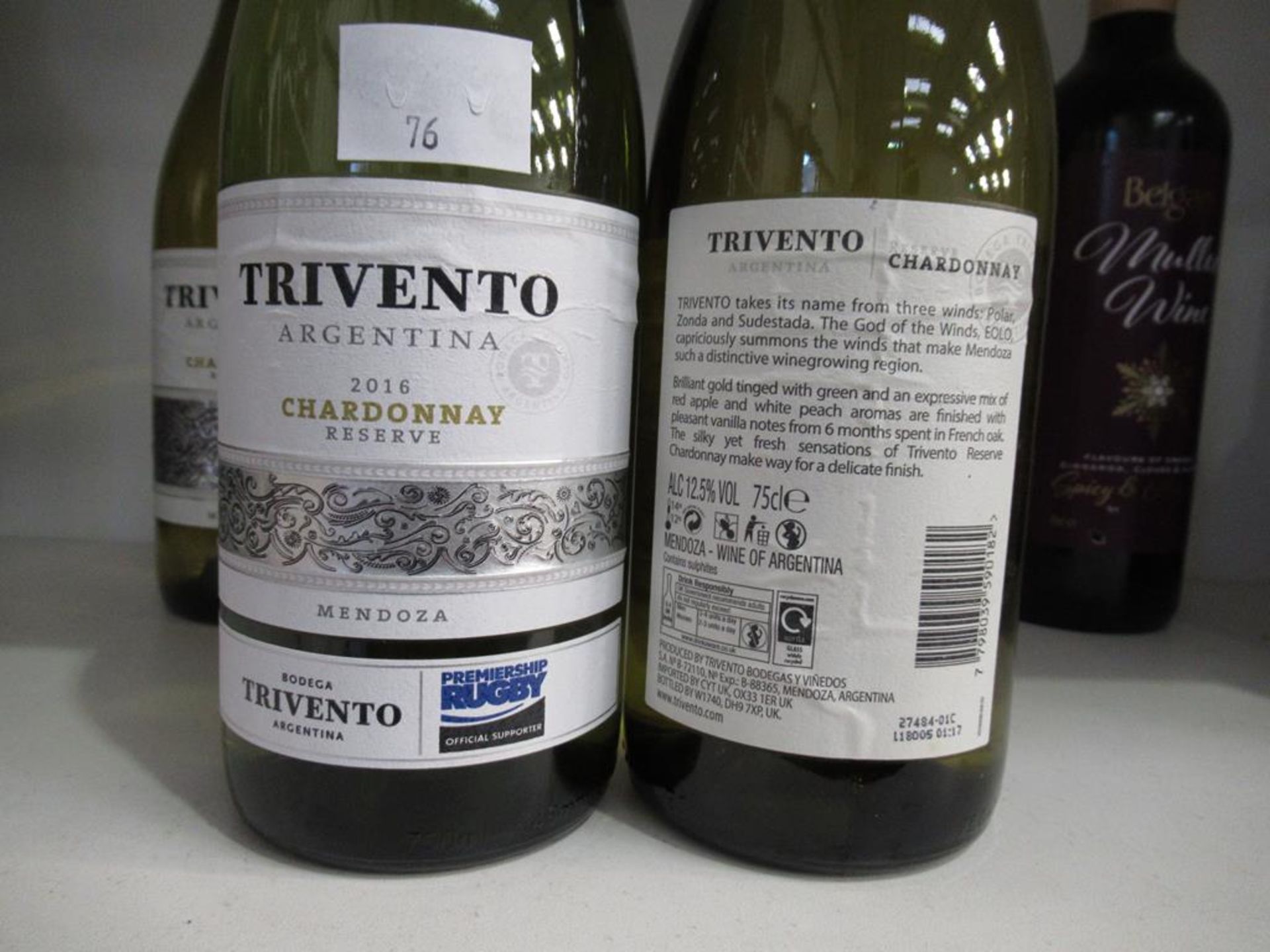 Nine bottles of Belgars mulled wine, three bottles of Trivento 2016 Chardonnay white wine, five bott - Image 3 of 7