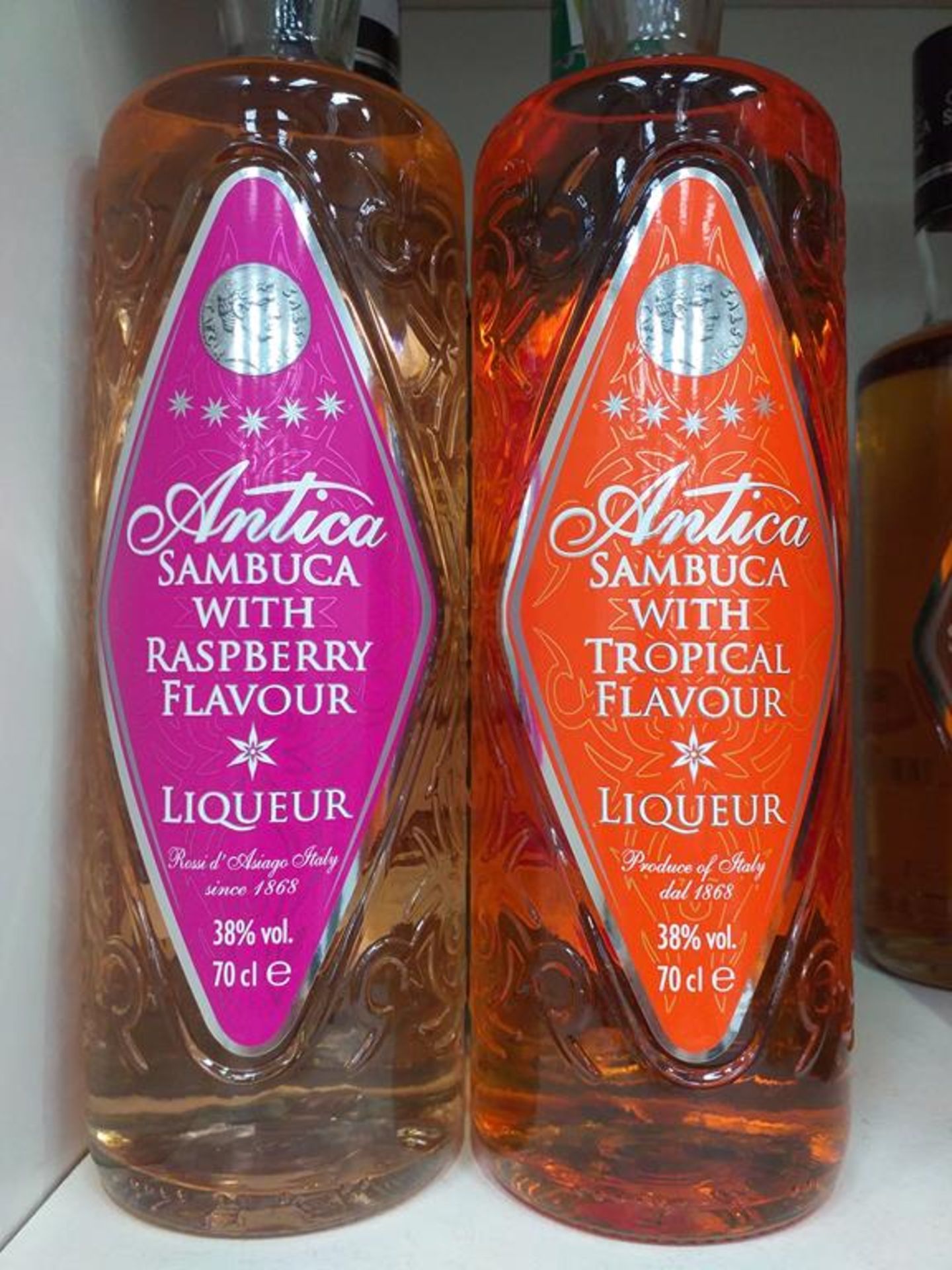 Six bottles of Antica Sambuca liqueur in six different flavours (Amaretto, Raspberry, Apple, Banana, - Image 3 of 4