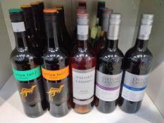 Eleven bottles of Yellow Tail wine: three bottles of 2018 Shiraz red wine, three bottles of 2018 Cha