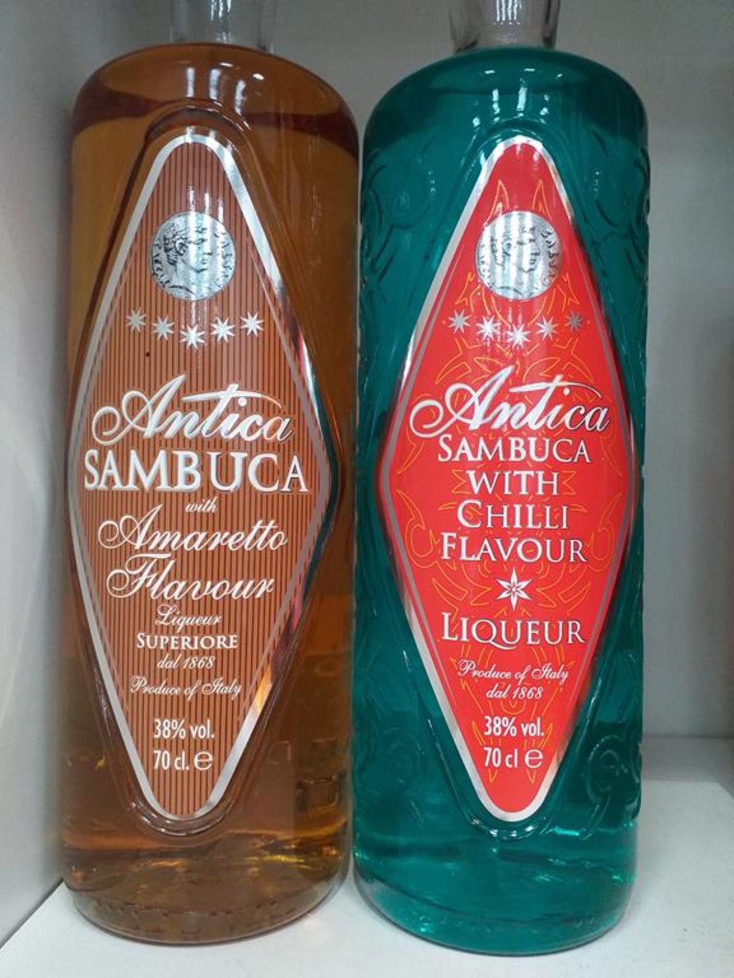 Six bottles of Antica Sambuca liqueur in six different flavours (Amaretto, Raspberry, Apple, Banana, - Image 4 of 4