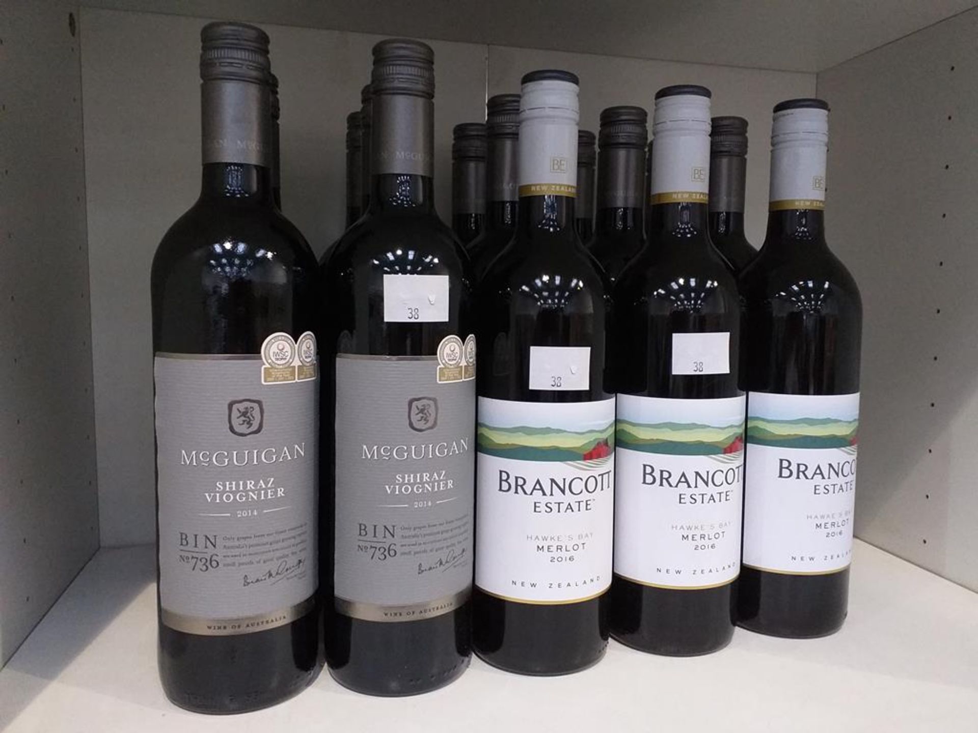 Twelve bottles of McGuigan Bin No 736 Shiraz Viognier 2014 Red Wine and three bottles of Brancott Es