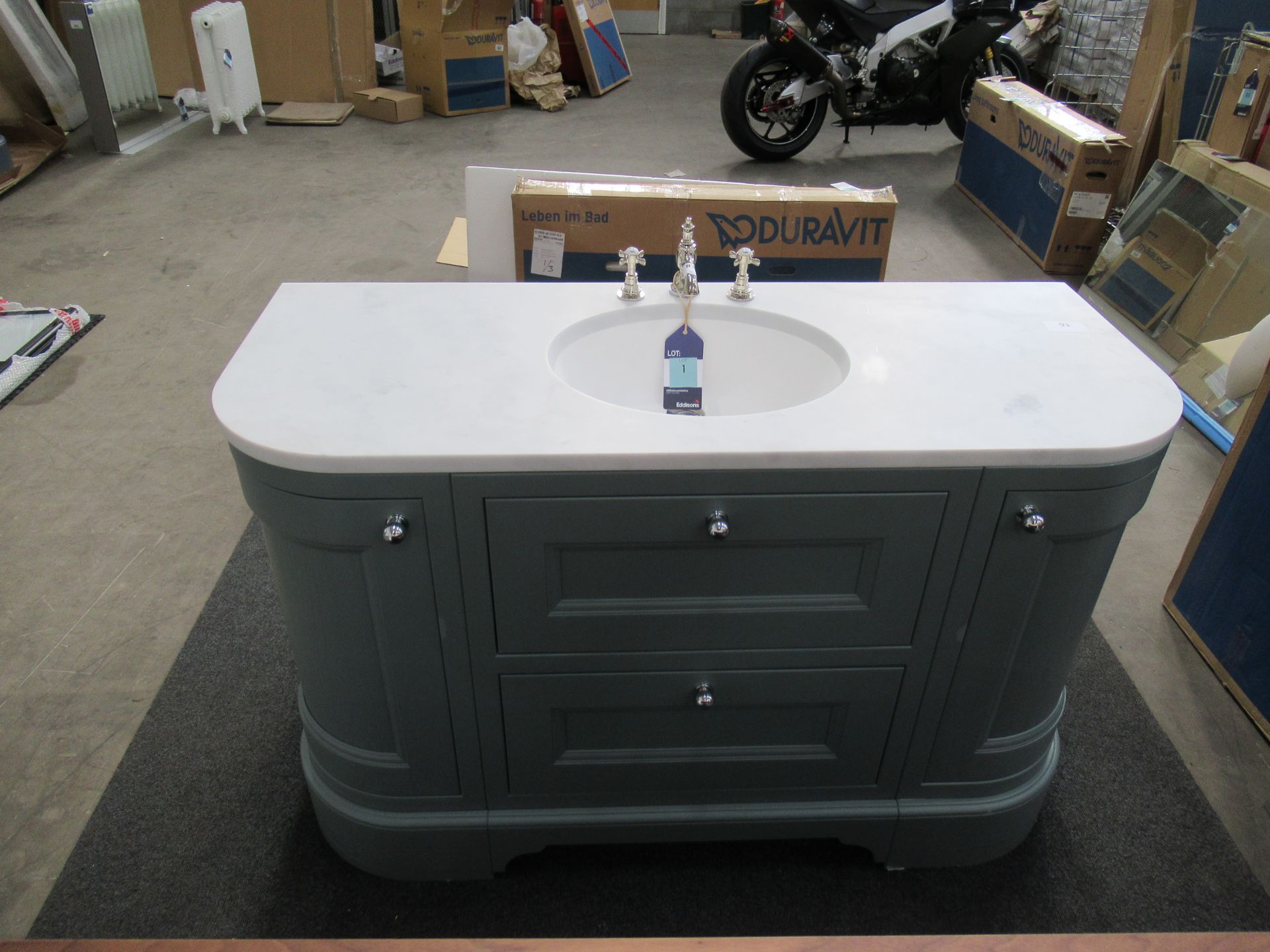 Ex Display Tetbury Freestanding 2 door/2 drawer Vanity Unit in Thyme, 25mm Marble Effect Worktop wit