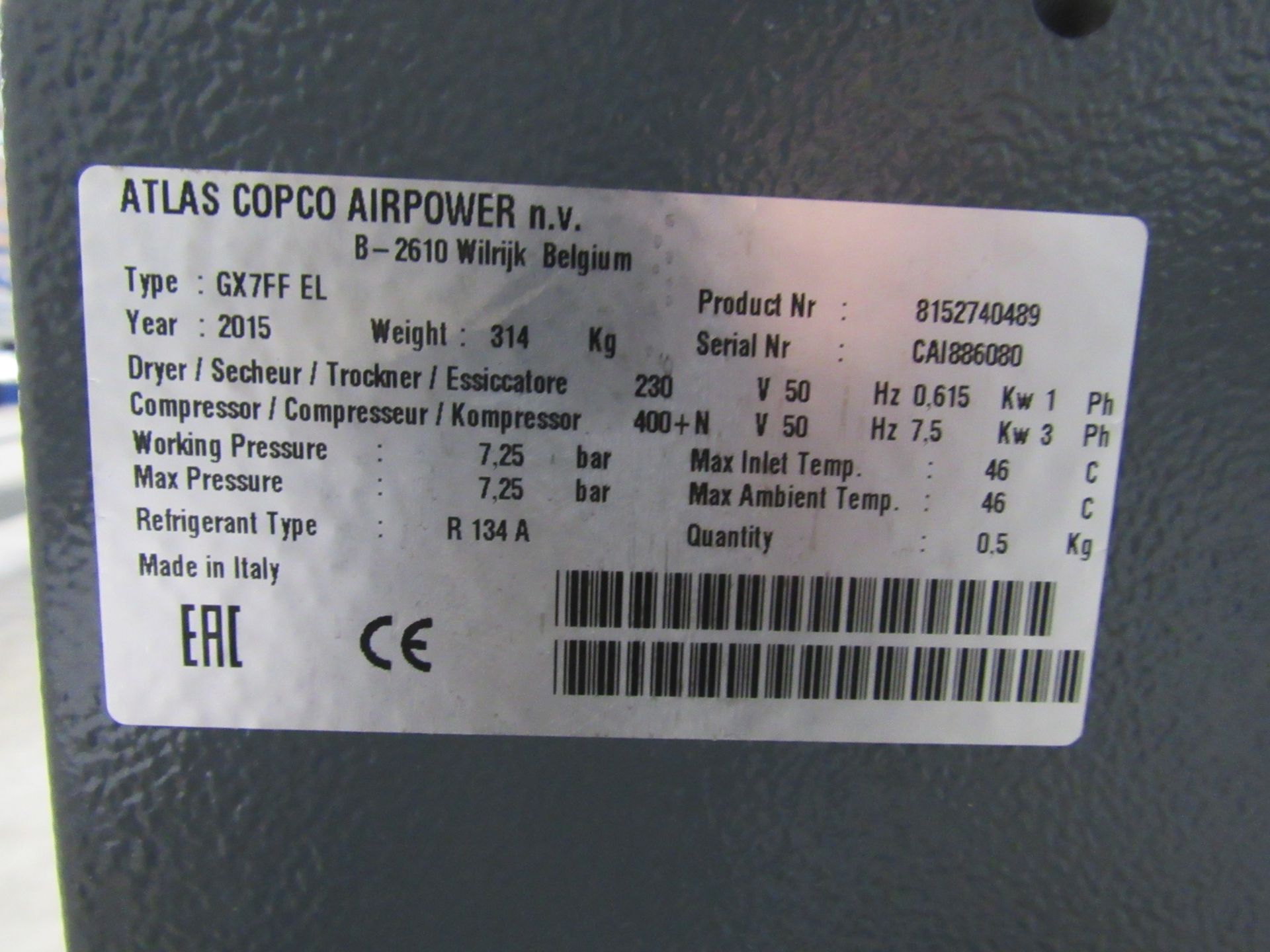 Atlas Copco GX7 FF Receiver Mounted Air Compressor - Image 4 of 4