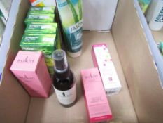 A box of mixed product to include Antiseptic Tea Tree Spray, Pearl Exfoliator, Organic Rosehip Oil,
