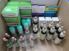 A mixed lot of 29 items to include NKD Living Ketone, Test Strips (120 test strips per box) HRI Wate