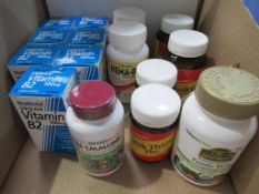 A mixed lot of 15 supplements to include Health Aid Vegan Vitamin B2, Natures Plus Tri-Immune, Hema-