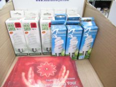 A mixed box containing a quantity of Energy saver bulbs 630 lumens and 430 lumens, A quantity of Yog