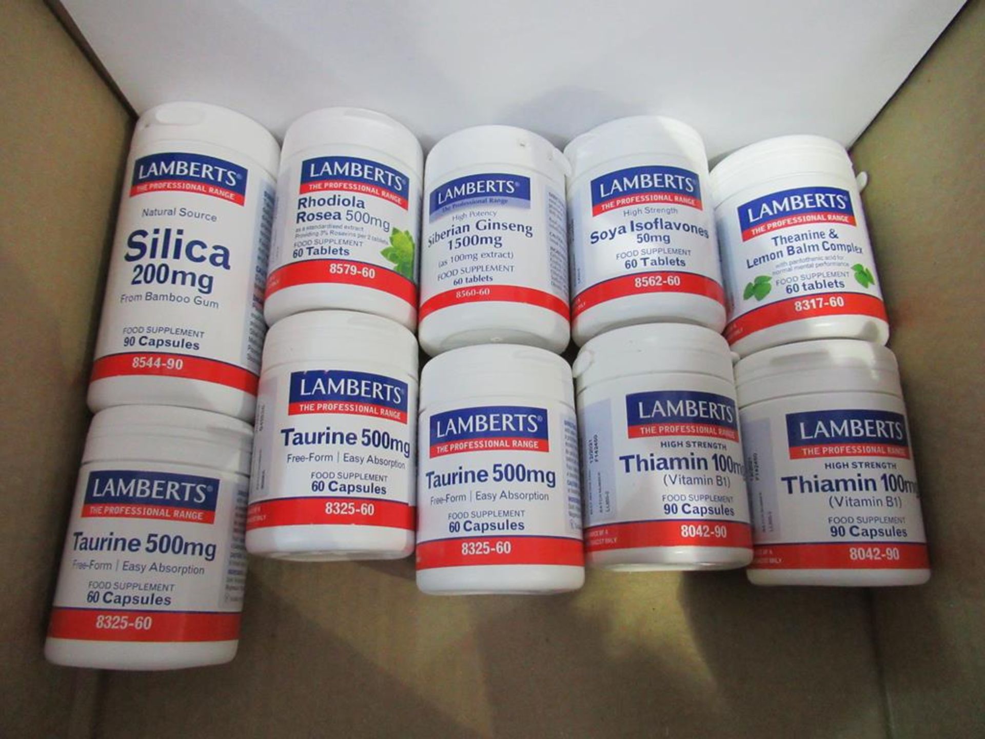 10 x assorted 'Lamberts' tablets/capsules of supplements including Taurine, Thiamine, Silica etc