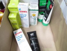 A box of mixed product to include Omega Oil, Medicated Salve for cracked skin, Cooling Moisturiser e