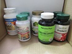 A mixed lot of 7 supplements to include Natures Plus Organic Ultra Juice, Immun Actin Zinc Lozenges,