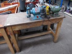 A Wooden Bench complete with a Clarke 6" metal worker Twin Head Grinder and a Warco Twin Head Polish