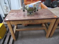 A Wooden Bench together with an Excel Twin Head Bench Grinder. Please note there is a £5 plus VAT Li
