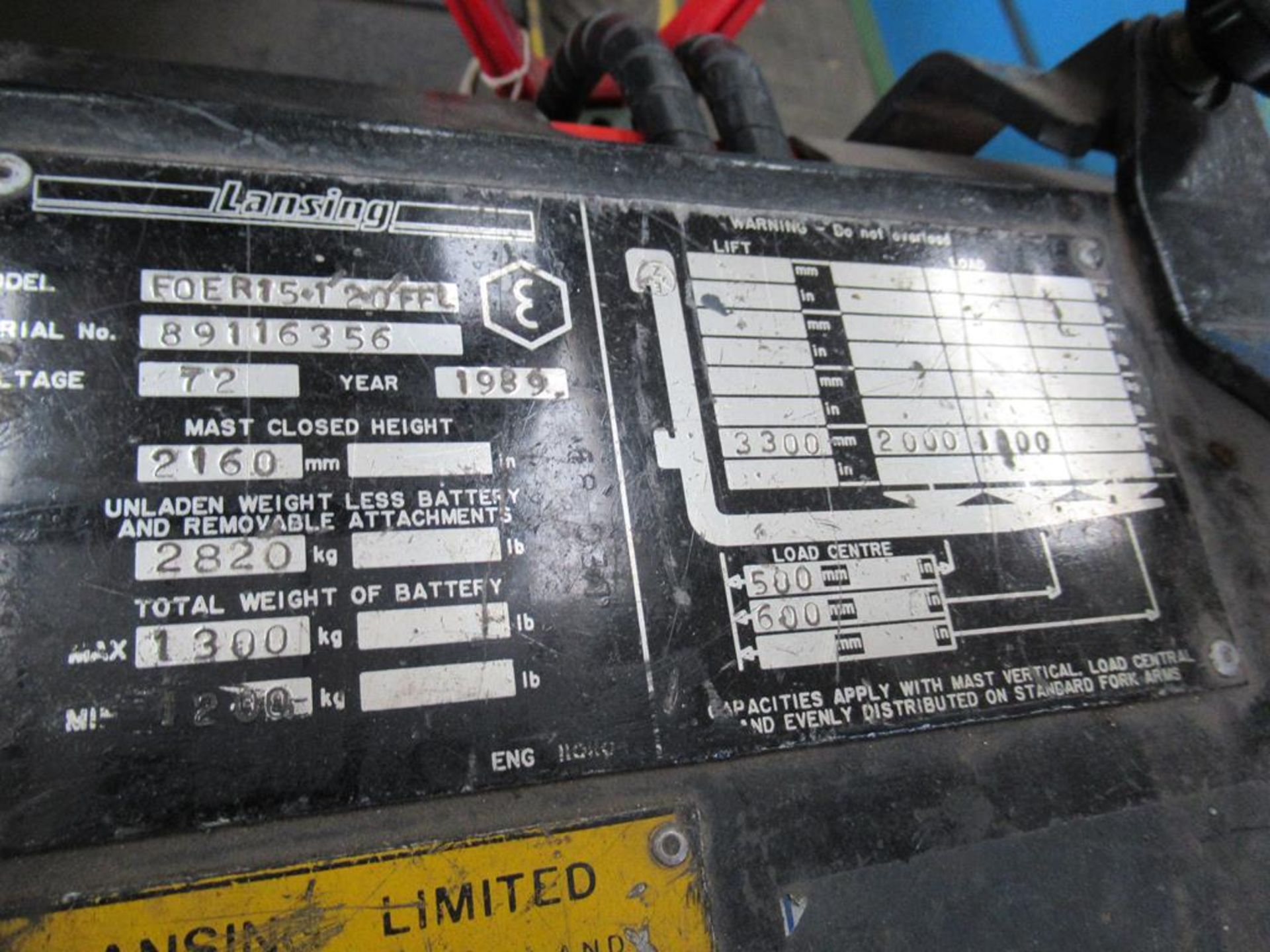 Lansing Froeris-120FFL Electric Fork Lift Truck Serial No 89116356 YOM 1989 Hours 14408 Mast closed - Image 3 of 6