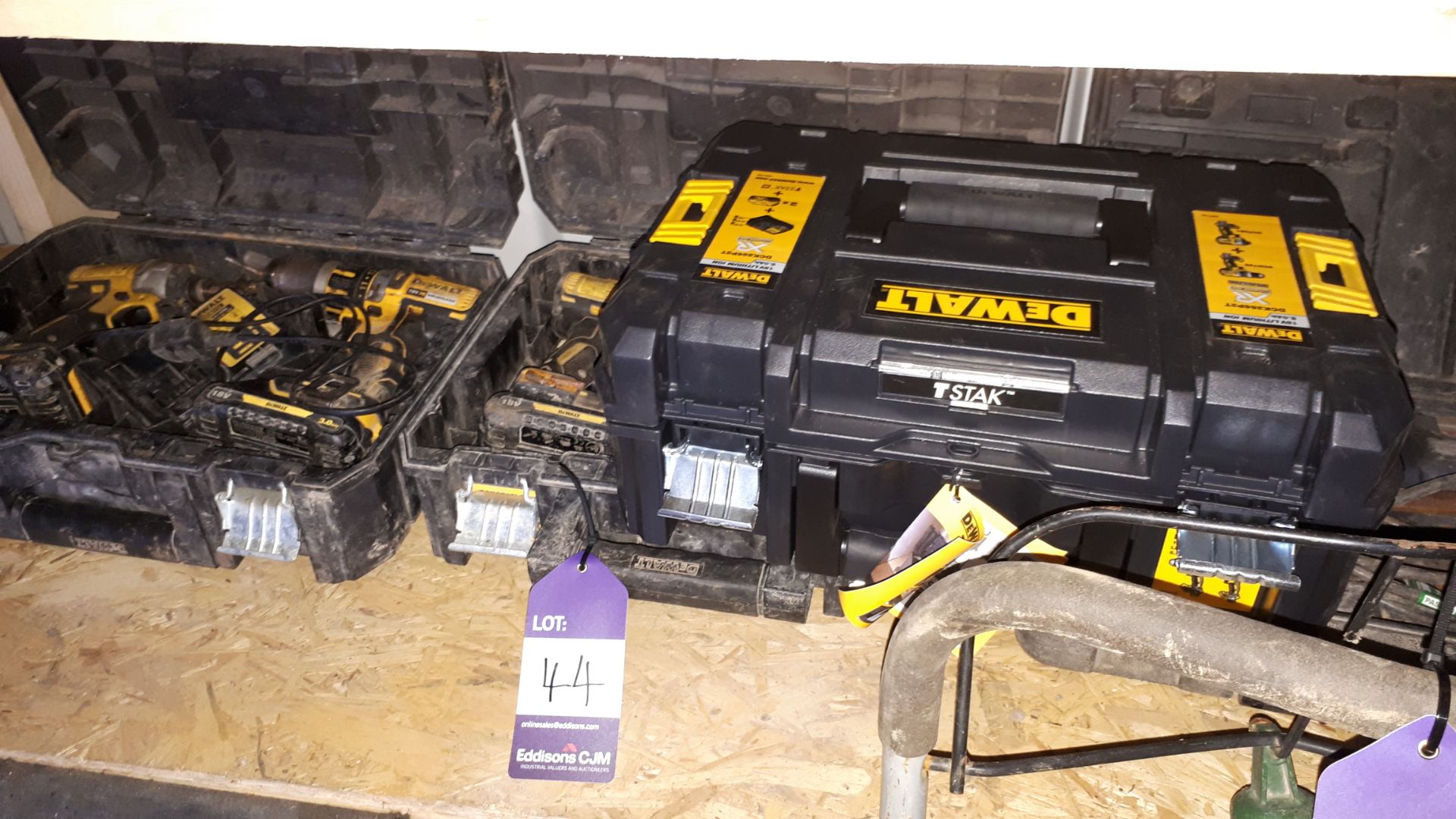 Assortment of electrical hand tools, including 4 x DeWalt cordless drills, DeWalt jigsaw, and