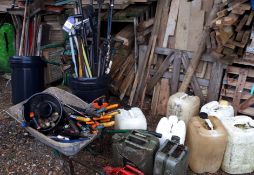 Assortment of handtools, and fuel containers