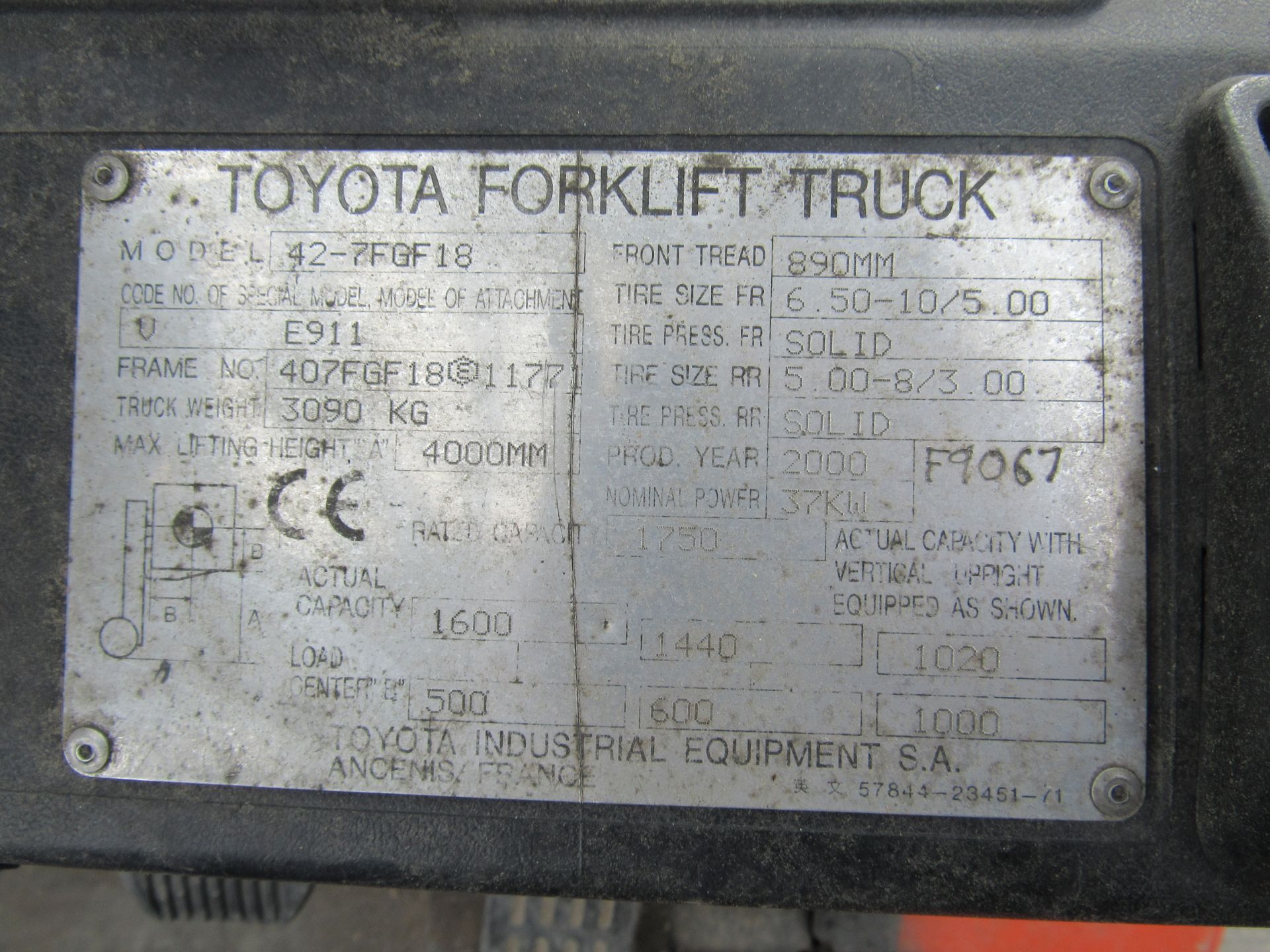 Toyota 42-7FGF18 Duplex Mast 18 SAS LPG Fork Lift Truck, 5775Hours, Year 2000, Serial Number 407 FGI - Image 9 of 11