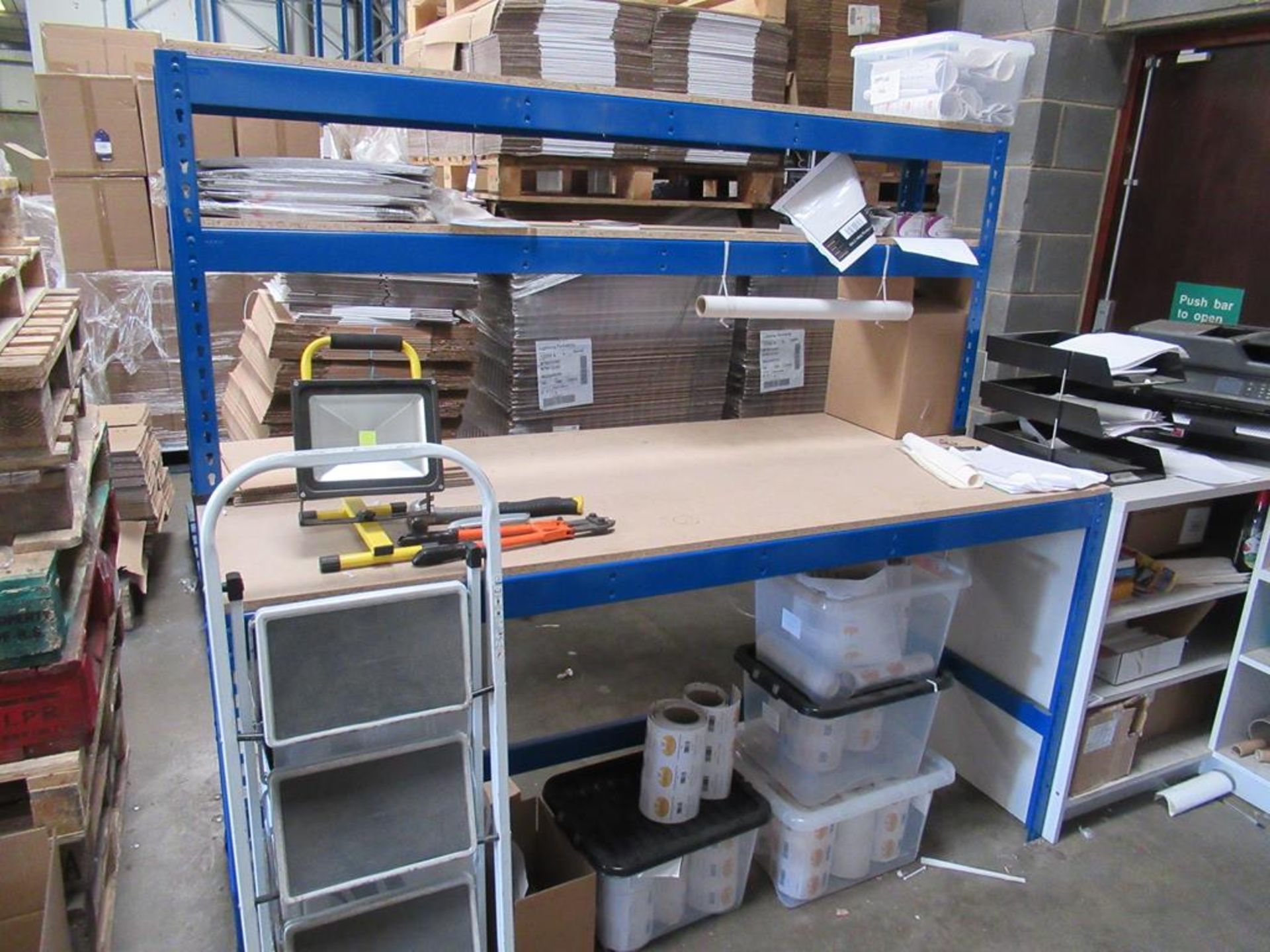 2 x Metal Framed Packing Tables (1.83m long), Steps Light and Tools