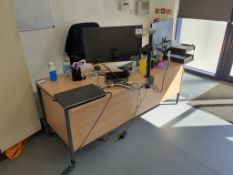 Office furniture to include Office Desks with 3 Upholstery Mobile Chairs. Two door Metal Cupboard (c